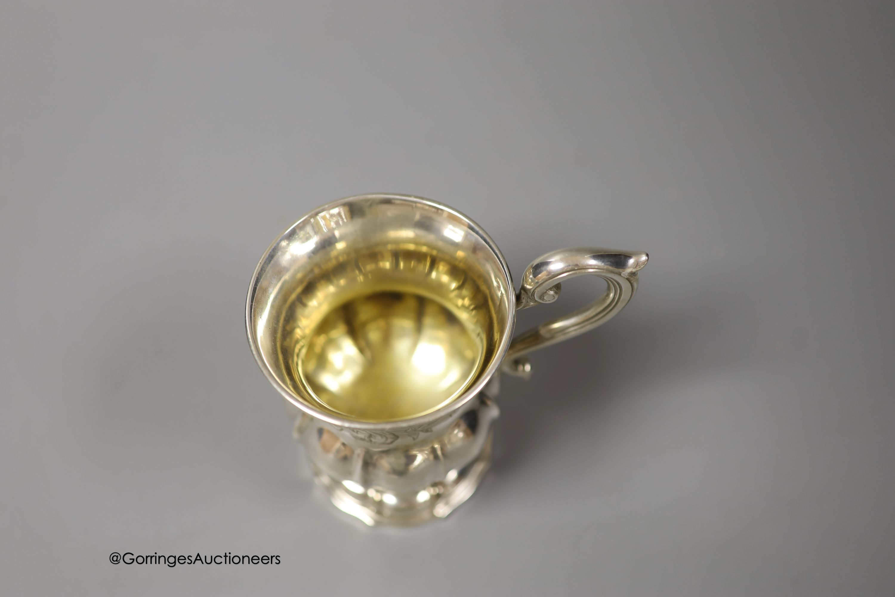 A mid 19th century Indian Colonial white metal vase shaped christening mug, by George Gordon & Co, Madras, (1821-1845) height 10.5cm, 5oz.